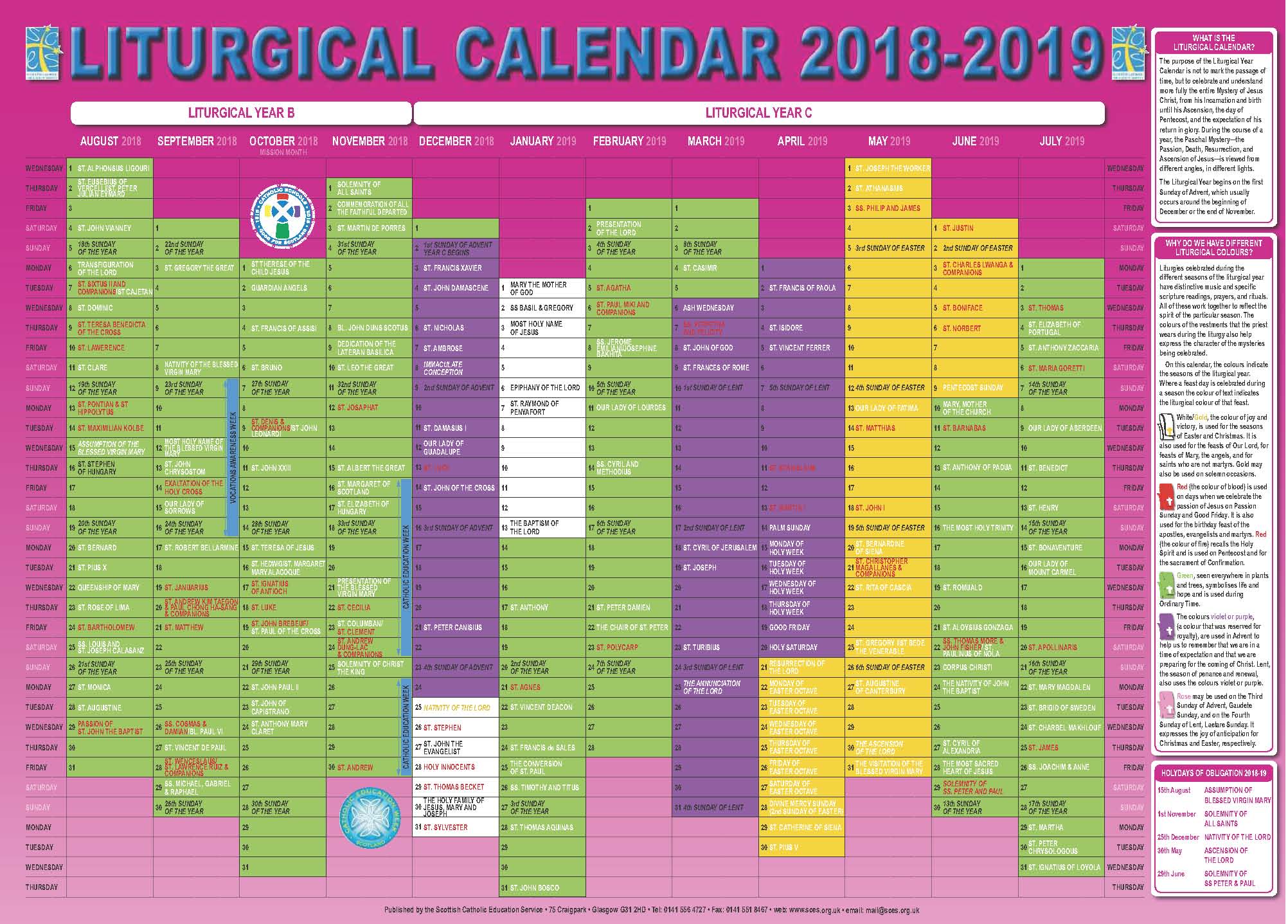 Scottish Catholic Education Service SCES Liturgical Calendar 20192020